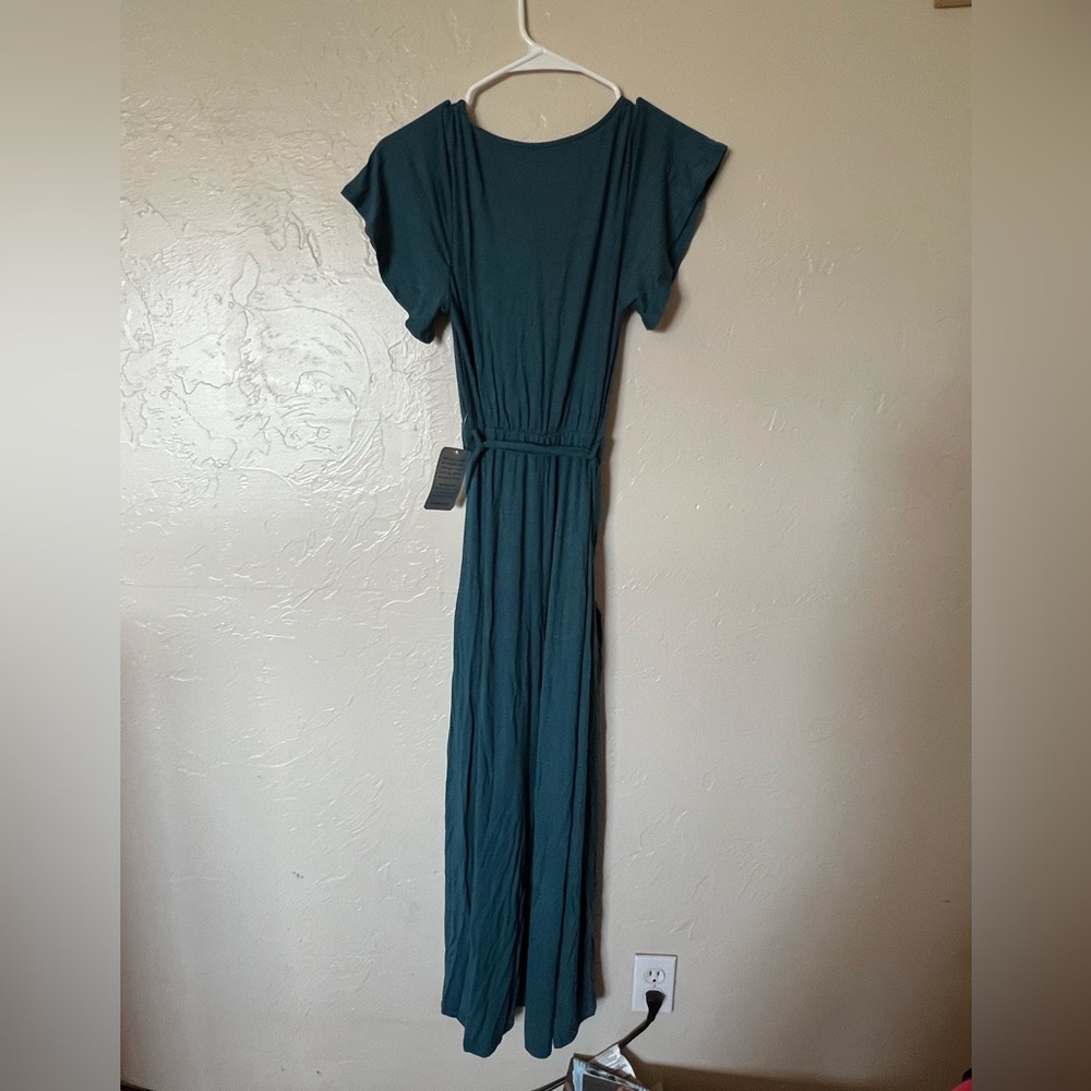 West kei Women's blue Short Sleeve V-neck Rayon Maxi Dress Size XS high low tie - Picture 3 of 6